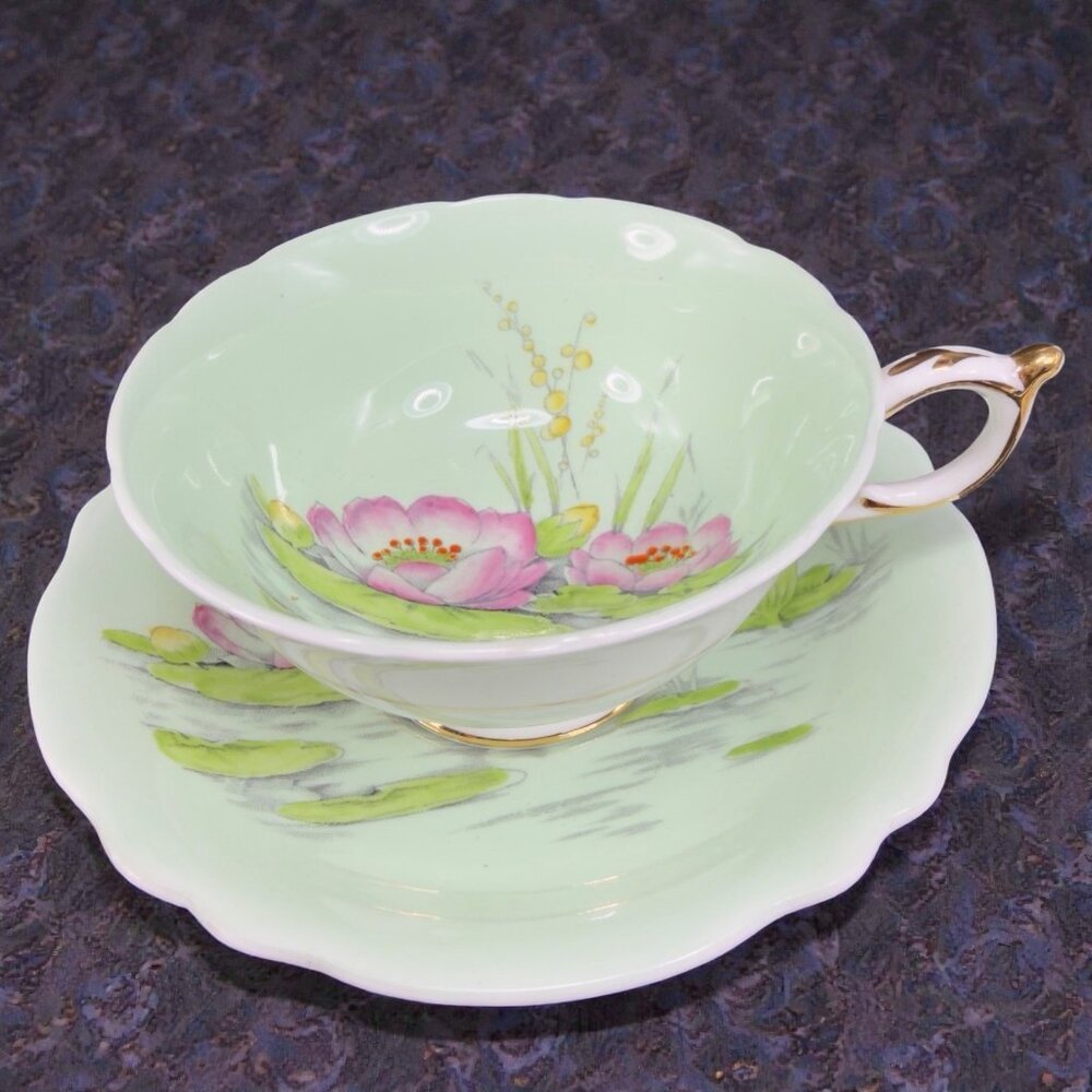 Antique Paragon Water Lily Mint‎ Green Teacup and Saucer Set Floral Porcelain